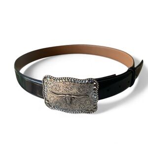 NOCONA ANTIQUE METAL RHINESTONE STEERHEAD BUCKLE/LEATHER BELT COASTAL COWGIRL L